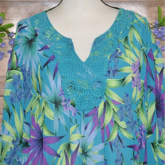 Catherines Womens 1X Tropical Floral Lace Blouse Top Sheer Vacation Beach Cruise - Picture 2 of 11